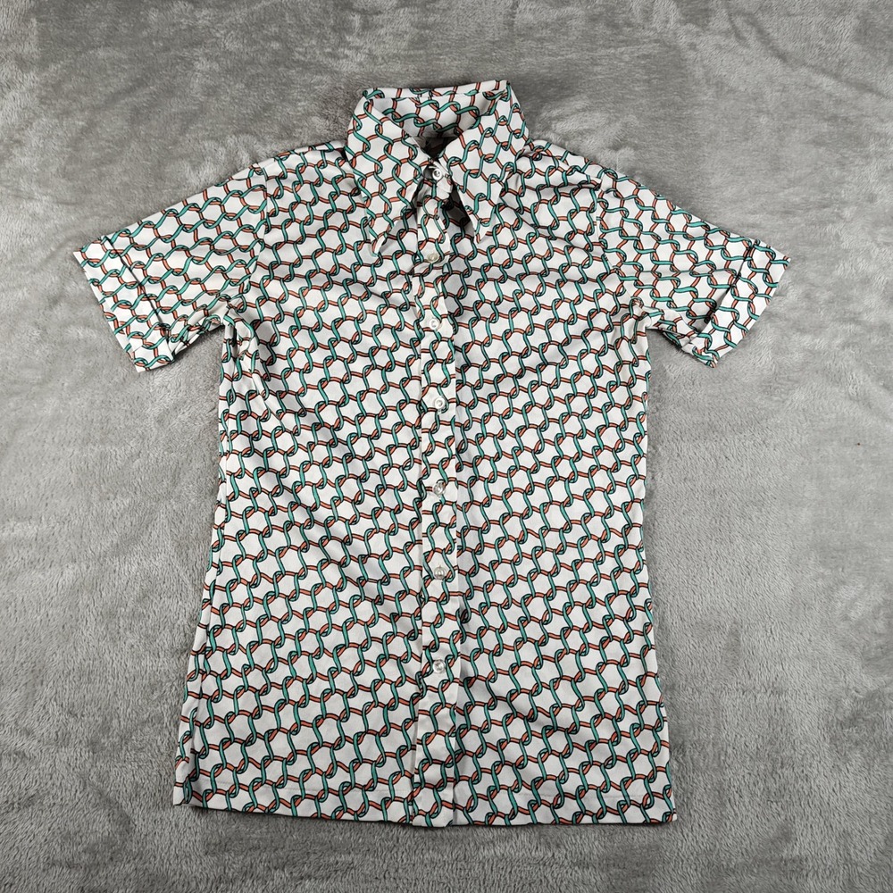Vintage Disco Shirt Women Small Geometric Chain Link 70s Dagger Collar Button Up